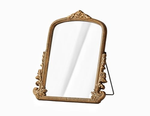 TenFuju Kleiner goldener Vintage-Kosmetikspiegel, antiker goldfarbener Holzrahmen, stehender Tischspiegel, traditioneller schicker Bogen-Make-up-Spiegel für Wohnzimmer, Schlafzimmer, Badezimmer oder