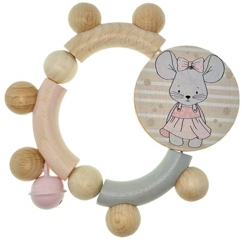Hess Holzspielzeug 11141 - Motorikrassel aus Holz, Maus Ella, runde Rassel zum Greifen und als Beißring, handgefertigtes Motorikspielzeug für Babys
