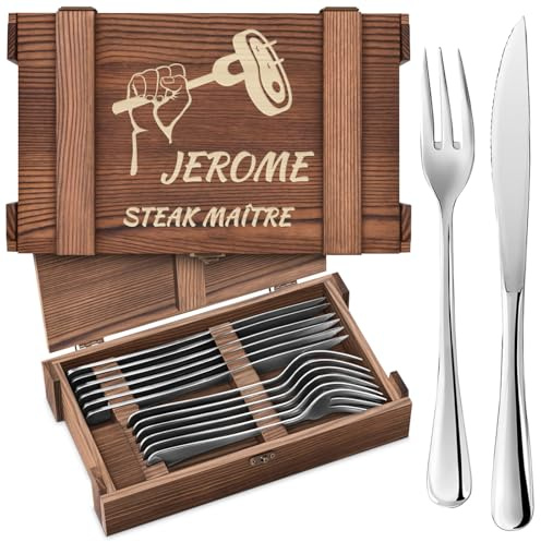 Maverton Couverts de Table à Steak - 6 Couteaux a Steak et 6 Fourchette a Viande dans un Coffret Cadeau Homme Personnalisé - Set De Table avec Boîte en Bois - Cadeau Personnalisé pour lui