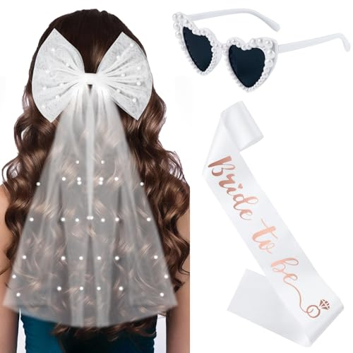 Ghope JGA Accessoires Bride to Be Schärpe und Weiß Schleier, Frauen Jungesellinnenabschied Deko Brautduschschärpe, Herz Sonnenbrille Perle, Hochzeit Bachelorette Party Zubehör Fotorequisiten