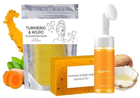Set trois pièces de lavage et de soin au curcuma, nettoyant facial au curcuma, savon au curcuma et tampons exfoliants au curcuma pour le visage, pour un nettoyage en profondeur de la peau