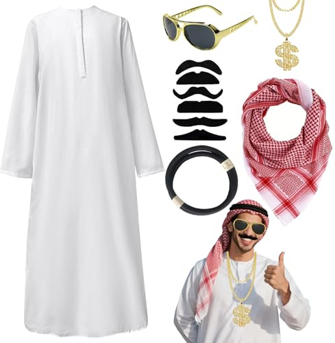 XIEXIESHER Scheich Kostüm Herren, Araber Kostüm Arabischer Scheich, Arabisches Weißes Gewand Mit Kopftuch, Halsketten, Sonnenbrillen, 6 Bartteile und ein Stirnband für Party, Cosplay