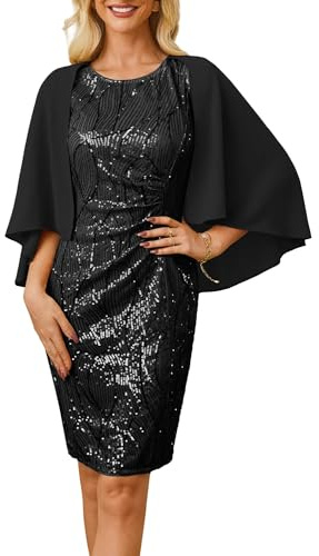 GRACE KARIN Damen Festlich Cocktailkleid für Hochzeit Rundhals Knielang Abendkleider mit Chiffon-schal Elegante Partykleid Schwarz XXL