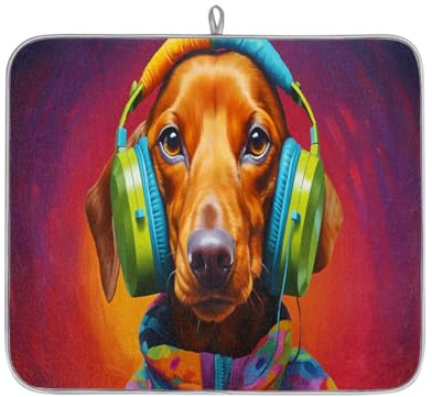 Funny Dachshund Dog Headphones Absorbent Dish Drying Mat for Kitchen Counter, Reversible Microfiber Dish Drying Pad with Hanging Loop for Glassware Utensils Pots 16x18 in