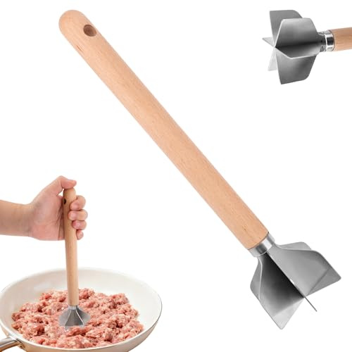 Hachoir à Viande Manuel en Acier Inoxydable, 28x7cm Hachoir Viande Hachée Multifonctionnel à 6 Lames avec Manche en Bois pour Préparation des Repas