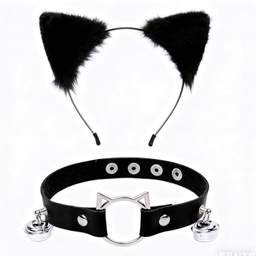 ZocRjvN 2 Katzenohren Schwarz, Katzenohren Haarreif mit Halskette, Verstellbare Katzenohren für Cosplay, Halloween, Karneval, Anime-Events und tägliche Modeaccessoires