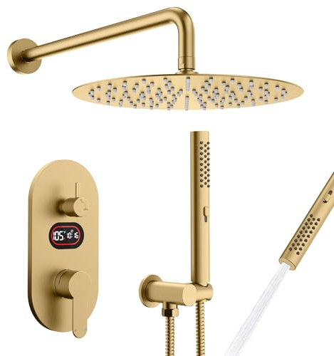 Round Shower Faucet Set with Hydro Power Temperature Display, Shower System Bathroom 10 Inch Shower Head with Handheld Spray, Wall Mounted Shower Fixtures with Shower Valve and Trim Kit, Brushed Gold
