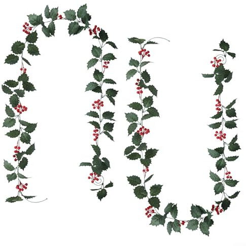 Guirnalda de bayas de acebo de plástico, 2 piezas de 94.5 pulgadas, decoración navideña para árbol de Navidad y decoración de pared, vegetación artificial realista con bayas para el hogar y el jardín