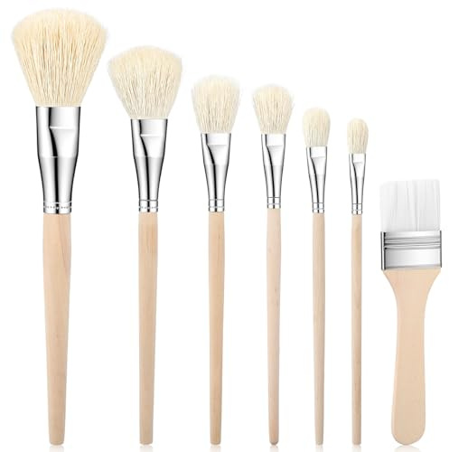 7 Pcs Goat Hair Mop Brushes for Acrylic Painting, Blending Brush Set for Watercolor Oil, Versatile Paint Brush Set with Wooden Handles for Fine Detail & Smooth Glazing