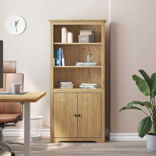 kithwjll BODO Honey Brown Wooden Bookcase 82 x 40 x 173 cm with 3 Shelves and 2 Doors, Slim Tall Versatile for Living Room and Office, Durable, Modern Standing Shelf for Books and Decoration