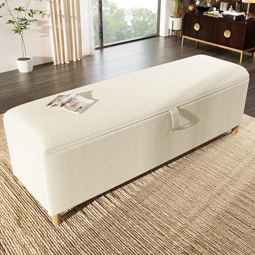 Merax Sitzbank mit Stauraum 165cm, Bettbank Polsterbank Fußbank, Mit Gasdruckfeder hochklappen, Aufbewahrungsbox mit stabilen Holzbeinen, Sofabank fur Flur, Schlafzimmer, Wohnzimmer, Cord-Optik, Beige