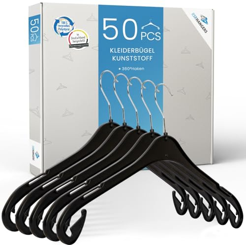 RSR-Hangers® Kleiderbügel NA T 43 cm aus Kunststoff 50 Stück Hemdenbügel 360° drehbarer Haken Blusenbügel Kunststoff Schwarz Made in Germany