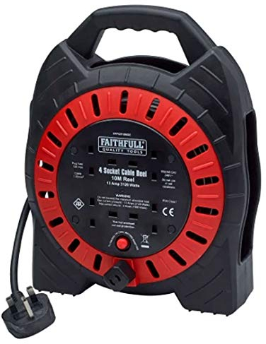 Faithfull FPPCR10MSE Enclose Cable Reel 10M 13Amp 240V 4 sockets, Red/Black