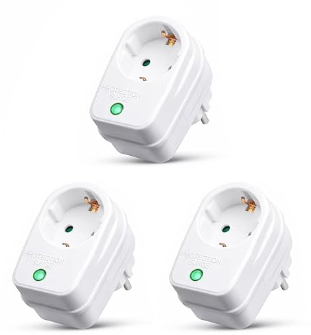 3X adaptateur de prise de courant avec protection contre les surtensions | 230 V | protection contre la foudre adaptateur de prise de courant | 3500 W | avec sécurité enfants | 3 pièces