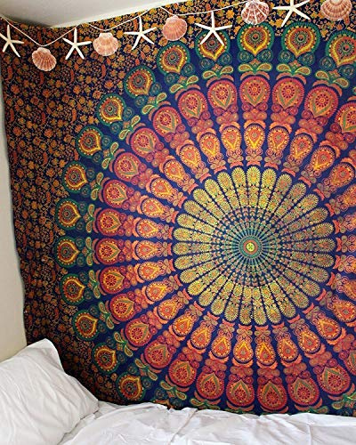 Popular Handicrafts Wandteppich, Hippie-Mandala, Bohemian-Stil, Hippie, Meditation, psychedelisches Design, indischer Pfau, Meditation, Tagesdecke, 230 x 270 cm, Grün