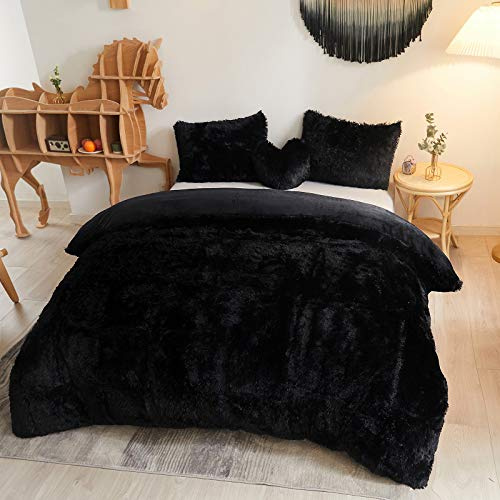 MEGO Luxury Shaggy Plush Duvet Cover Set, Ultra Soft 3 Pieces Fluffy Faux Fur Comforter Cover Set, Fuzzy Bedding Set(1 Furry Duvet Cover + 2 Pillow Shams), Zipper Closure(King, Black)
