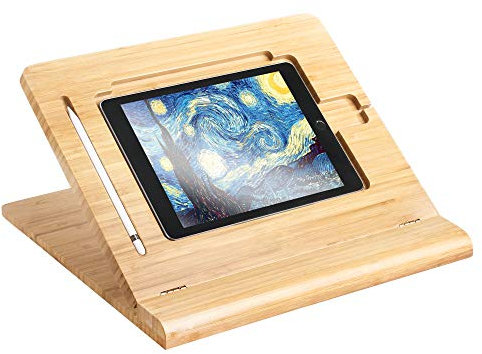 ELETIUO Tablet Stand Holder Adjustable Foldable,Multi-Angle Bamboo Wooden Organizer Desktop Holder for iPad,Stable for Drawing,Watching,Typing (Support Multiple Devices)