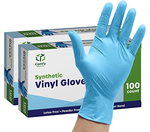 Comfy Package Synthetic Vinyl Disposable Gloves [200 Count] Powder & Latex Free, Non-Sterile, Blue Plastic Gloves for Cleaning, Food Prep & Household Use