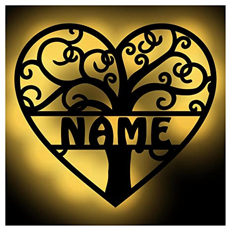 Namofactur personalisierte Lebensbaum-Herz-Lampe aus Holz für Familien | Mit Wunschname, batteriebetrieben und in verschiedenen Farben wählbar – als dekorative Beleuchtung für Zuhause