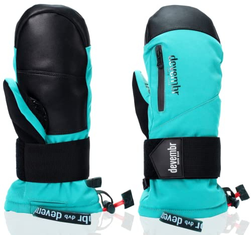 devembr Ski Mittens with Wrist Guards, Waterproof Snowboarding Mittens, Teal, M