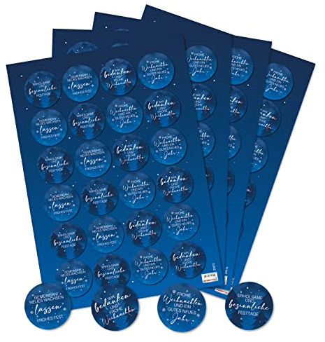 96 Aufkleber Frohe Weihnachten Weihnachtssprüche Sticker 4 cm blau Werbeartikel Firma Kundengeschenk Premium Made in Germany Logbuch-Verlag