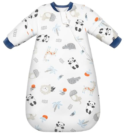 MIKAFEN Baby Schlafsack Winter 3,5 Tog mit abnehmbaren Ärmeln, Schlafsack aus 100% Baumwolle mit Armen, Löwe&Panda 68-80cm/6-14 Monate