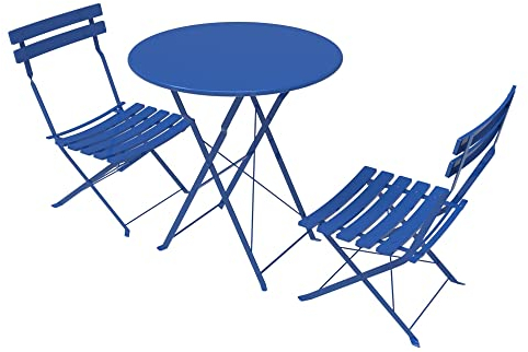 THINFAR Gartenmöbel-Set, Bistrotisch, zusammenklappbar, mit zwei Klappstühlen, 3 Stück, rund, 60 x 60 cm + zwei Stühlen (Dunkelblau)