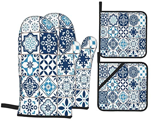Ofenhandschuhe und Topflappen, 4er-Set, portugiesische historische gemischte Azulejo-Mosaikfliesen mit marokkanischen Keramikmotiven, Kunstdruck, Ofenhandschuhe, hitzebeständiges Ofenhandschuh-Set, To