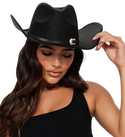 Western-Cowboyhüte für Damen, Nieten, geklemmte Cowgirl-Hüte, breite Krempe, Fedoras, Schwarz geschnitzt, Medium