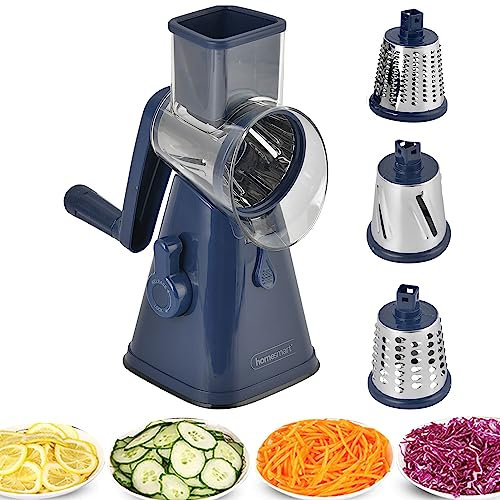 TJC Rotary Cheese Grater Handheld Vegetable Slicer with 3 Stainless Steel Drum Blades - Carrot Grater for Kitchen - Slicer Shredder for Cucumber & Nuts - Strong Suction Base & Easy to Use - Blue