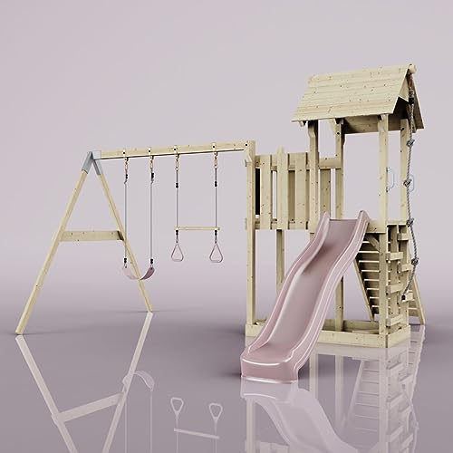 Rebo Spielturm mit Wellenrutsche, Kinder-Schaukel und Trapezstange | Outdoor Klettergerüst Garten mit Plattform | Kletterseil und Kletterleiter | Stabile Konstruktion
