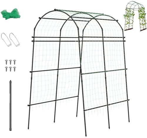 GiantexUK 7.5FT/230CM Garden Arch Trellis, Extra Tall Metal Tunnel Trellises Arbors with Nylon Netting & Staked Rods, Outdoor Support Structure Stand for Climbing Plants Vines Vegetables