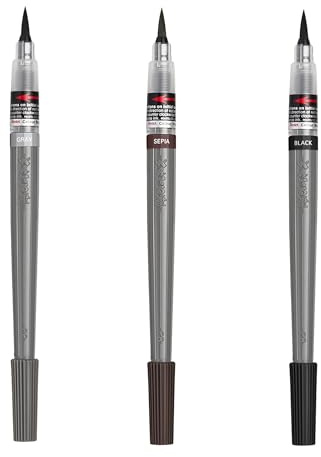 Pentel Nachfüllbarer Farbpigment-Pinselstift – grauer Schaft – Schwarz, Grau, Sepia – 3 Stück, mehrfarbig