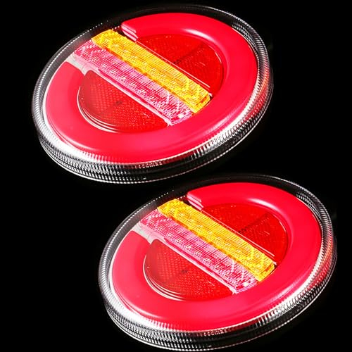 ETUKER - 2 luces traseras de remolque LED, 12 – 24 V, 4 funciones, impermeable, redondo, luz trasera, hamburguesa, LED, para remolque, camión tractor aprobado E