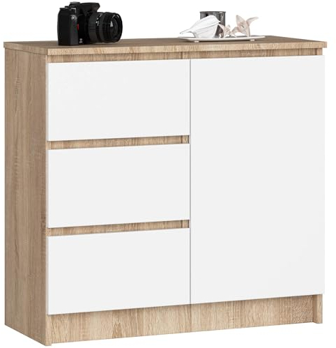 AKORD Kommode K-80 Jerry mit 3 Schubladen | Schrank mit 2 Einlegeböden und 1 Tür | Für das Wohnzimmer Schlafzimmer | Moderne | 16mm Laminierte Platte | 80x77x35 cm | Sonoma Eiche + Weiß Front