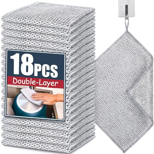Navona 18 Pcs New Upgrade Steel Wire Dishcloth, Double-Layer Multipurpose Dishwashing Rag, Powerful Cleaning Non-Scratch Dishcloth Rag for Cookware, Sinks, Dishes, Stove Tops