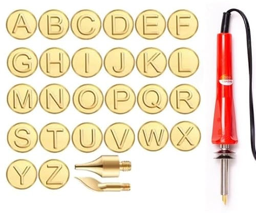 LaoSShu DIY Wood/Leather Burning Set, 26 Letters Copper Mold DIY Wood Burning/Carving Set, Letter Soldering Iron DIY Tools, Letter Soldering Iron Stencils Wood Burning Kit (Color : Red-28 Pieces)