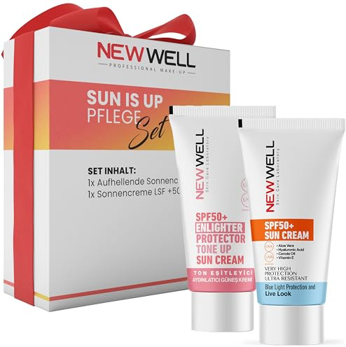 NEWWELL Sonnencreme SPF 50+ Pflege-Set, Effektiver Schutz vor Blaulichtstrahlen UVA UVB, Aufhellende Eigenschaft mit Aloe Vera und Karottenwurzel Extrakt; Wasserfest