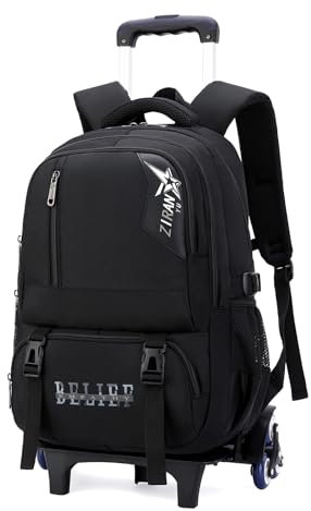 IvyH Rucksack Trolley Schulrucksack Jungen Teenager Schulranzen mit 6 Räder, Abnehmbar Kinderrucksack mit Rollen Lässig Trolley Schultasche für die Schule oder auf Reisen, 27L -Schwarz