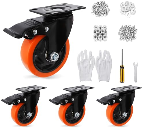 Nisorpa 4 Stück Lenkrollen 100mm mit Bremse bis 1000kg 360°Rotating Polyurethan Möbelrollen Orange Schwerlastrollen Rollen Schwerlast mit Doppeltes Schloss Transportrollen 100mm für Wagen