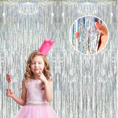 Rideau de Tinsel Argent 2 Pièces (1m x 3m) | Rideau à Franges en Feuille Métallique Brillant | Rideau de Guirlandes Éclatant pour Anniversaire, Mariage Fête, Noël, Disco, Décoration de Scène