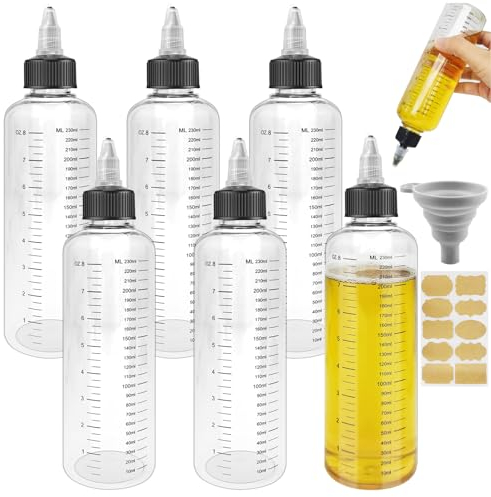 Realure 6 Stück Quetschflasche 250ml, Transparente Squeeze Flasche mit Skala, Kunststoff Dosierflasche mit Drehverschluss Trichter, Mehrzweck Soßenflaschen, für Flüssige Gewürze Sauce Öl Soja Essig