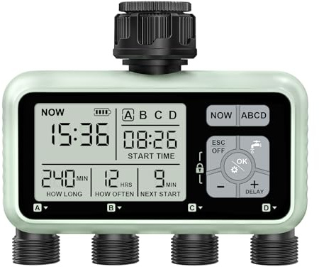 johgee 4 Zone Programmable Garden Outdoor Hose Faucet Timer with Rain Delay/Manual/Automatic Watering System, Green