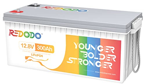 Redodo 12V 300Ah LiFePO4 Lithium Batterie, Eingebautes 200A BMS 3840Wh Energie Deep-Cycle-Batterien, Max 15000 Tiefzyklen und 10 Jahre Lebensdauer Perfekt für Off-Grid, Wohnmobil, Solaranlage