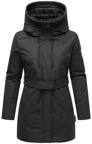 Navahoo Damen Parka Lange Winterjacke warm mit Taillengürtel und (abnehmbaren) Fleece-Kragen Eishauch 14 Black Gr. S