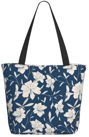 Borsa tote da donna, grandi fiori di gigli, blu navy, borsa tote con cerniera, borsa a tracolla per lavoro e viaggi