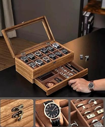 DWD® Watch Box Organiser with 12 Slots, 2 Tier Wooden Case Premium Hardwood Rustic Walnut, Large Glass Lid, Removable Pillows, Sliding Drawer Jewelry, Cuff Links, Bracelets,Retro Finish Velvet Lining