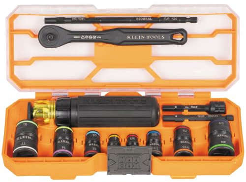 Klein Tools 65242 KNECT Impact Socket Set, Ratcheting Screwdriver Set, 1/4-Inch Drive, SAE and Metric Flip Sockets, 16 Hex Sizes, Adapters, MODbox Case