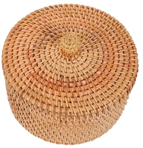 WEKADRIN Hand-woven Rattan Basket Storage Box with Lid Small Sundries Organizer Natural Decorative Container for Home Desktop Office Storage Random Color