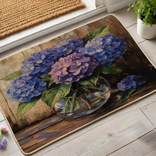 Zerbino con ortensia floreale, con fiori blu e viola, per interni ed esterni, decorazione per la casa, in gomma, impermeabile, antiscivolo, antipolvere, assorbente, facile da pulire, 73 x 43 cm